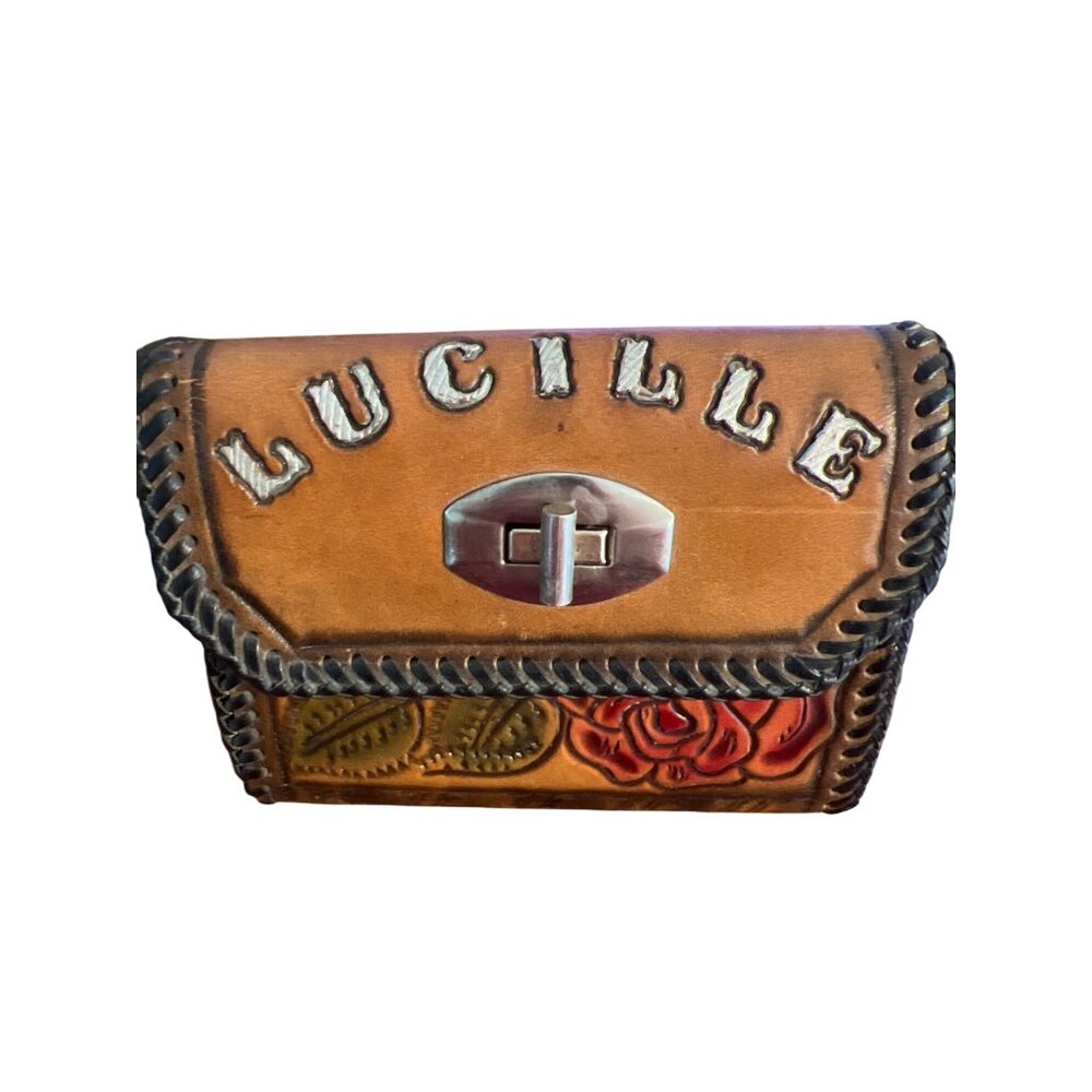 Vintage Handmade Tooled Leather Wallet Rose Design Snap Closure Lucille 5" x 4"